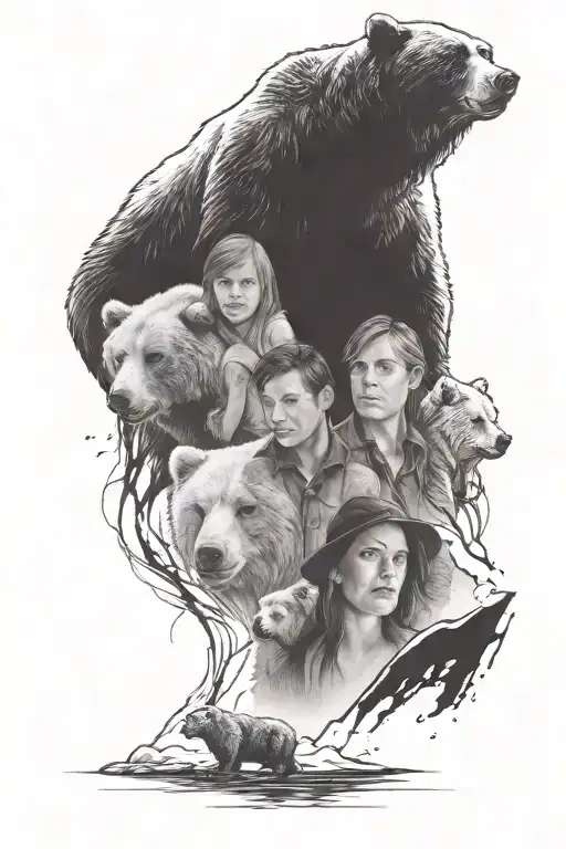 bear and below a family of people tattoo design idea