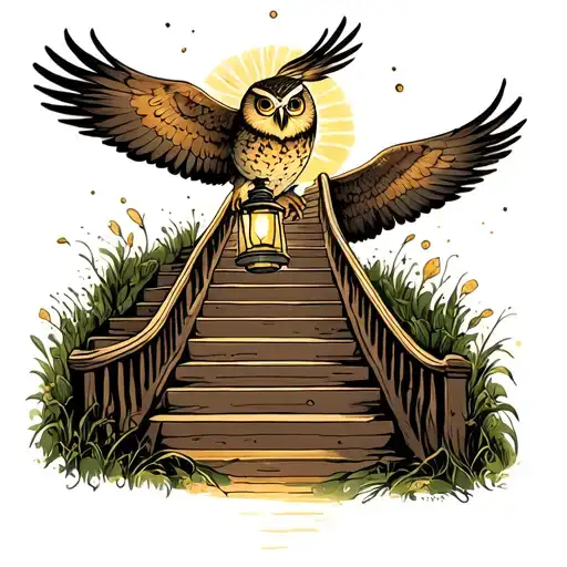 stairway to heaven, hand of god, owl holding a lantern lighting the pathway up, Psalm 91 written in the staircase tattoo design idea