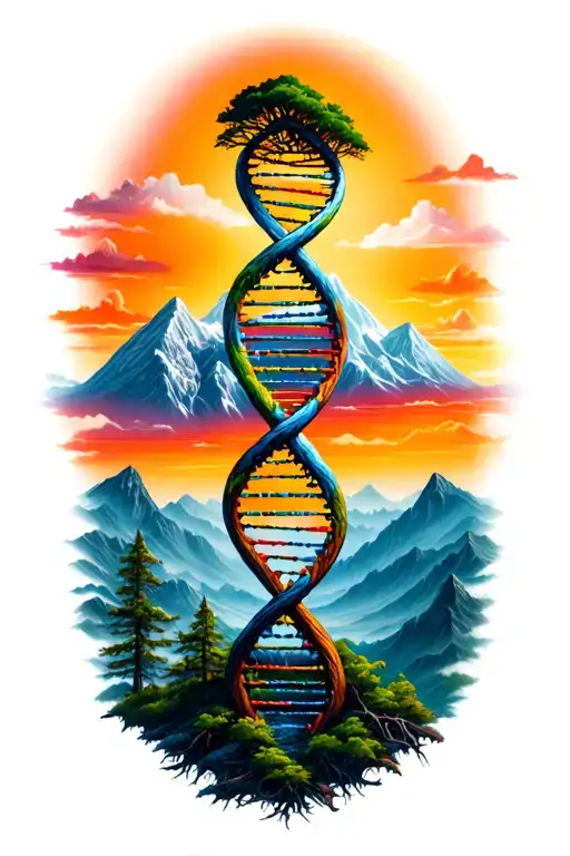 combine mountains, DNA double helix, tree intertwined tattoo design idea