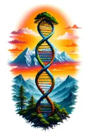 combine mountains, DNA double helix, tree intertwined tattoo design idea