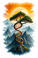 combine mountains, DNA double helix, tree intertwined tattoo design idea