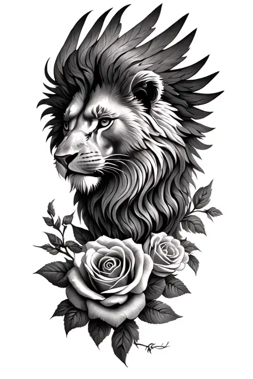 lion head phoenix tattoo with roses tattoo design idea