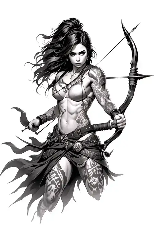 female warrior with muscles, tattoos, arching a bow and arrow  tattoo design idea