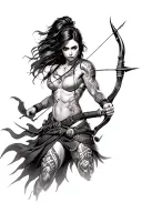 female warrior with muscles, tattoos, arching a bow and arrow  tattoo design idea