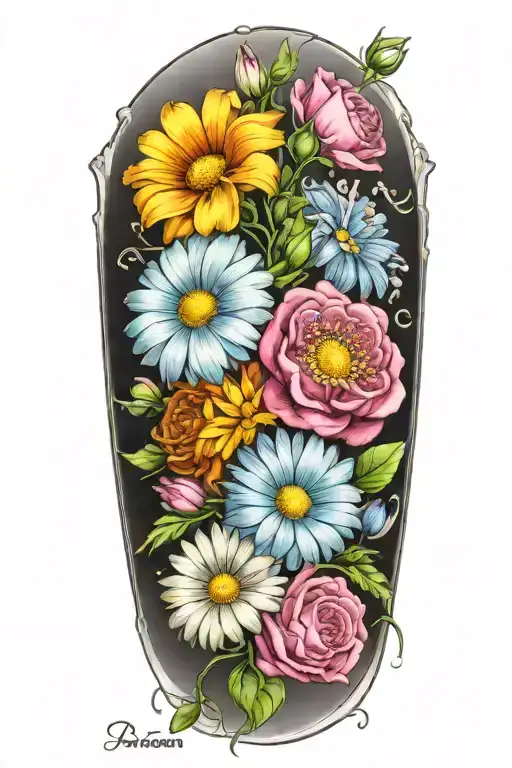 An intricate tattoo of a boquet of roses, daisys, and cosmos flowers tattoo design idea