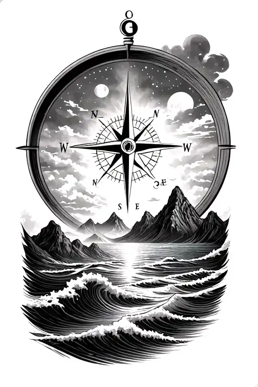 Men's calf tattoo. Compass tattoo with mountains and ocean waves. Camping, Family, Eerie, moon, sky, slightly hidden ini tattoo design idea