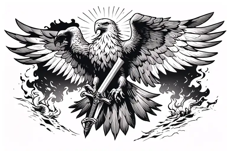 german Eagle rising from the ashes flying towards the sun sword in ita claws tattoo design idea