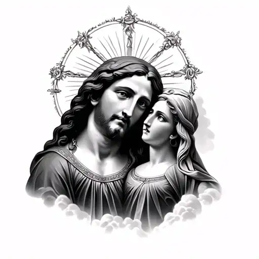 Jesus with Madonna and many shadows and clouds tattoo design idea