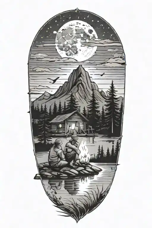 Man, woman, child, sitting at campfire overlooking lake. Trees, mountains, moon in background. Little hut on the shore tattoo design idea