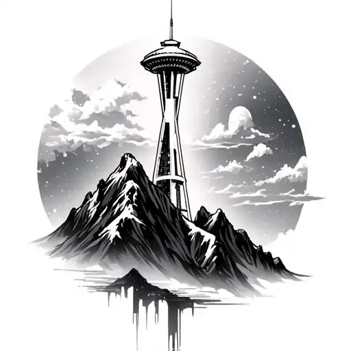 space needle mountain background tattoo design idea