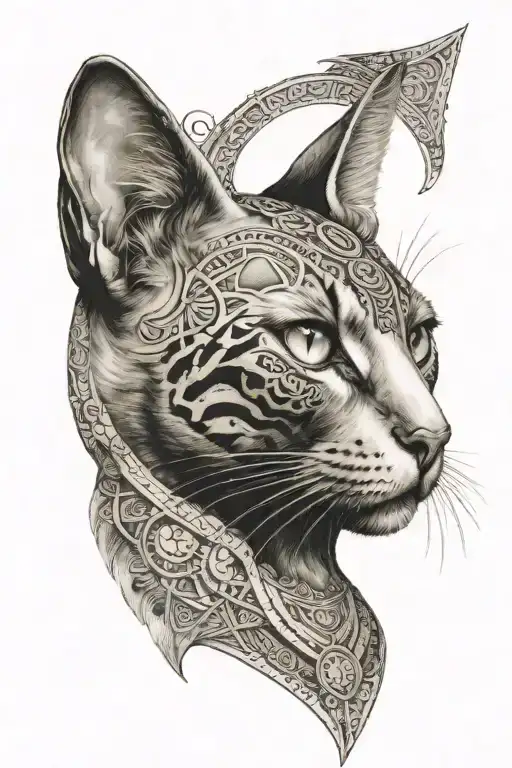 A realism tattoo of a tortoiseshell cat as bastet with ancient egyptian mandala and architecture background tattoo design idea