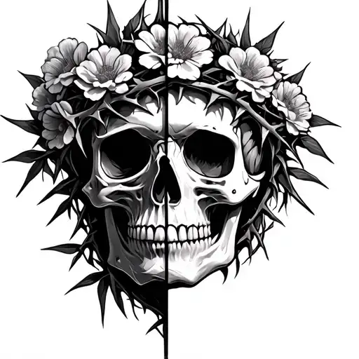 skull wearing crown of thorns and flowers coming out of half of the face. tattoo design idea