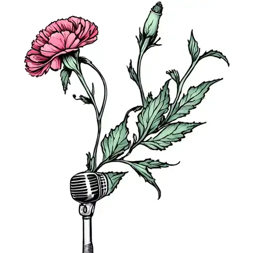carnation flower growing up a microphone stand tattoo design idea