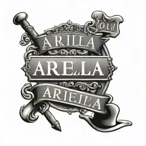 name ariella in bold with street signs incorporated in the back of the name and things that represent family values tattoo design idea