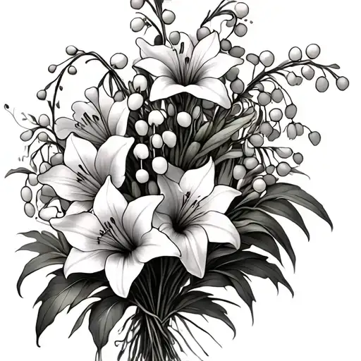 flower bouquet with lily of the valley, Gladiolus and Larkspur flower tattoo design idea