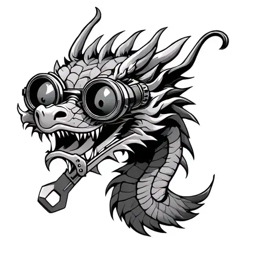Chinese dragon wearing steampunk workshop goggles, holding a wrench tattoo design idea