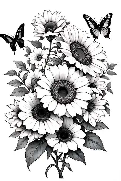 sunflowers, petunias and butterflies tattoo design idea