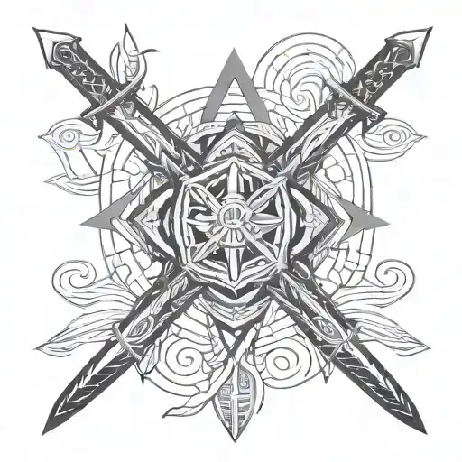 redemption arc tattoo, geometric fine line tattoo with cross, swords snd hands tattoo design idea
