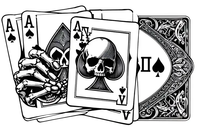 playing cards that spell out DEATH , the A is an ace of spades with a skull and the cards are held by a skeleton hand  tattoo design idea