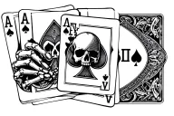 playing cards that spell out DEATH , the A is an ace of spades with a skull and the cards are held by a skeleton hand  tattoo design idea