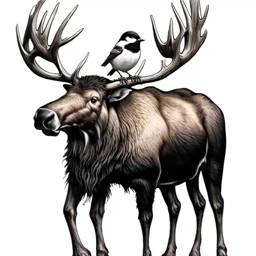 moose with chickadee perched on antler tattoo design idea