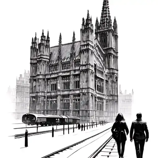 The Gothic architecture of St Pancras International, with a couple walking on train tracks tattoo design idea