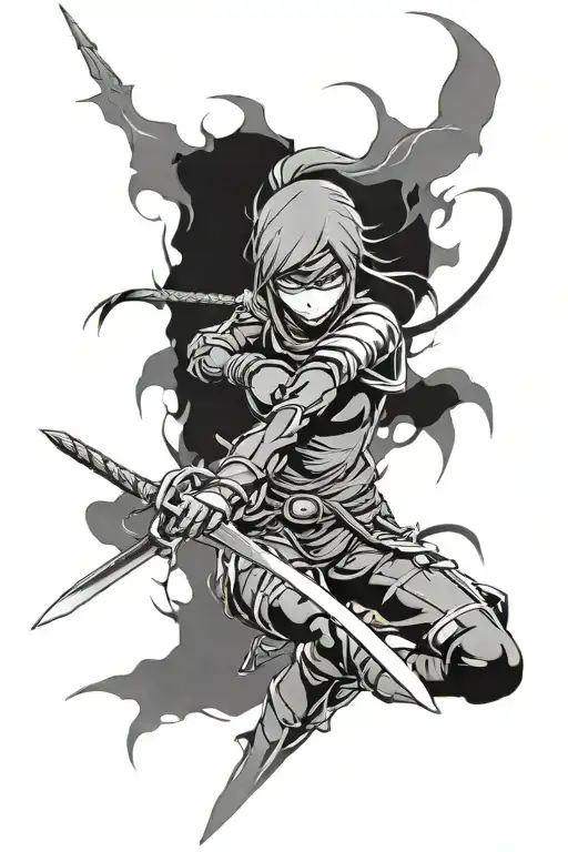 Anime female ninja with swords in lightning storm tattoo design idea