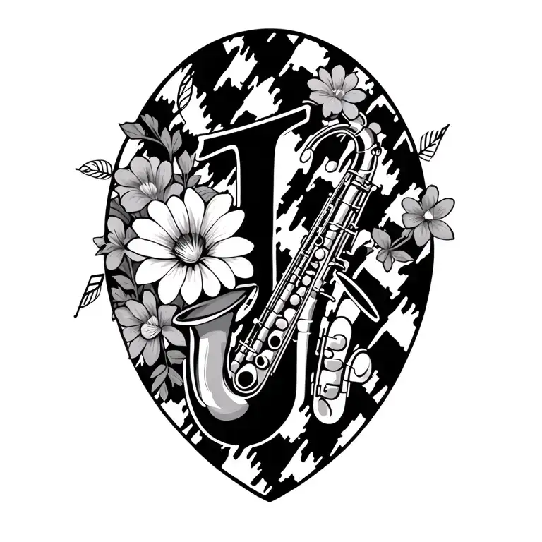 dogtooth pattern incorporating elements music note flowers small saxophone script swirls J tattoo design idea