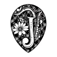 dogtooth pattern incorporating elements music note flowers small saxophone script swirls J tattoo design idea