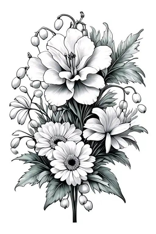 carnation, snowdrop, lily of the valley and chrysanthemum bouquet tattoo design idea