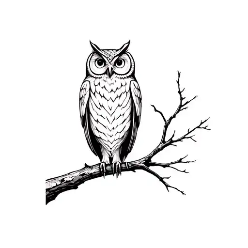 A detailed tattoo design of an owl perched on a tree branch, in black ink line art style, with fine shading and sharp ou tattoo design idea