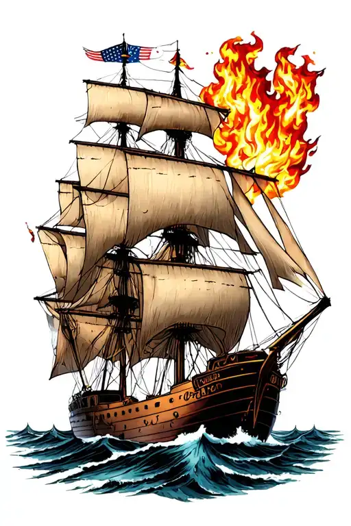 clipper ships on fire  tattoo design idea