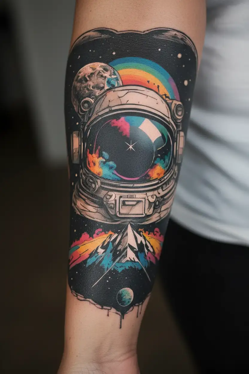 mix of astronout helmet and dark side of the moon album cover tattoo design idea