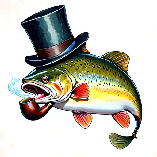 rainbow trout smoking a pipe while wearing a top hat tattoo design idea
