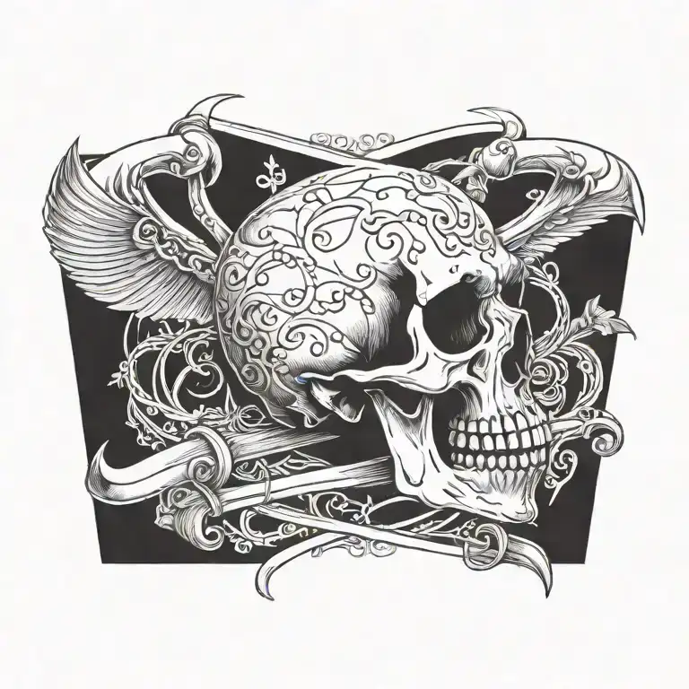skull with crossed scythes and memento mori written tattoo design idea
