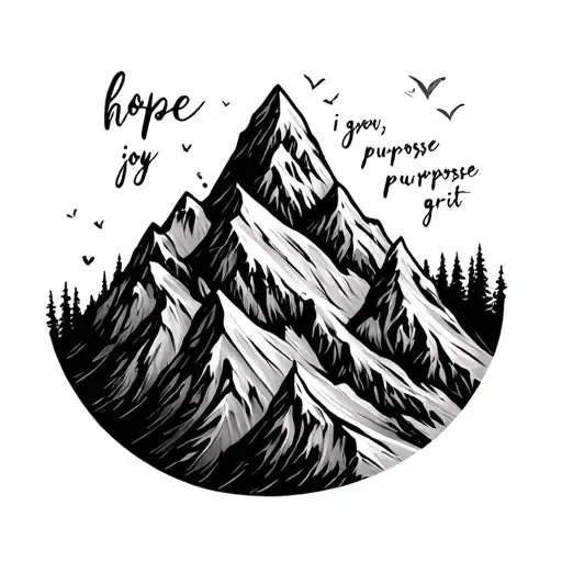 feminine, small mountain with words "hope", "joy", "purpose", and "grit" tattoo design idea