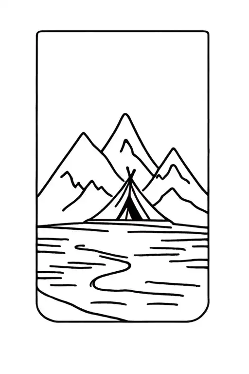 mountain + river + tent tattoo design idea