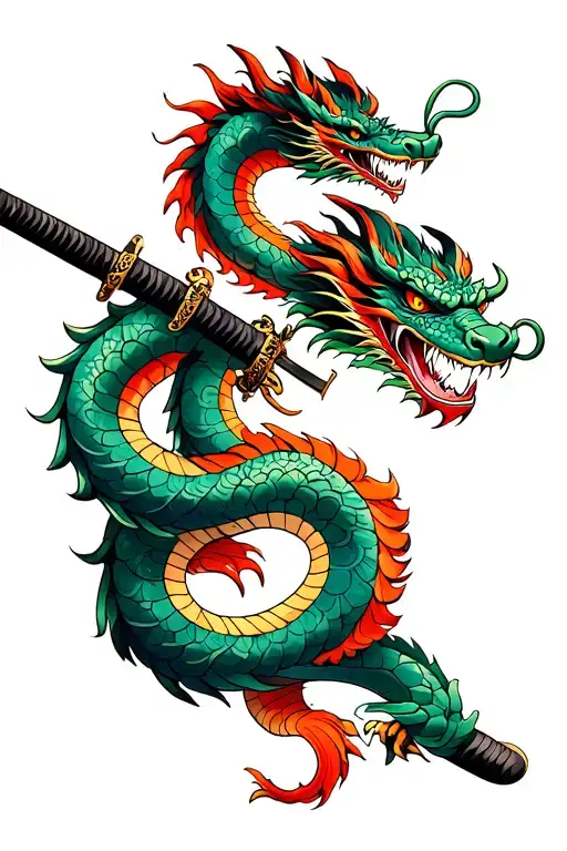 Dragon Coiled Around a KatanaA classic Eastern dragon (long, serpentine) wrapping around a katana blade, its claws grip tattoo design idea