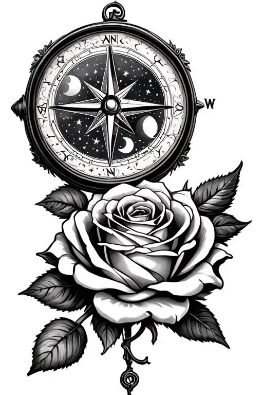 A celestial compass with stars and moon phases, wrapped in a gothic-style rose. tattoo design idea