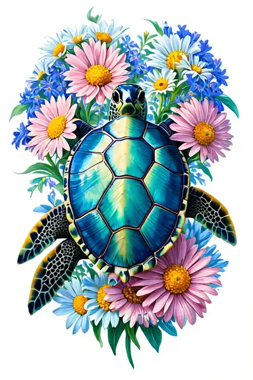 sea turtle with shell made of daisies larkspur and chrysanthemum  tattoo design idea