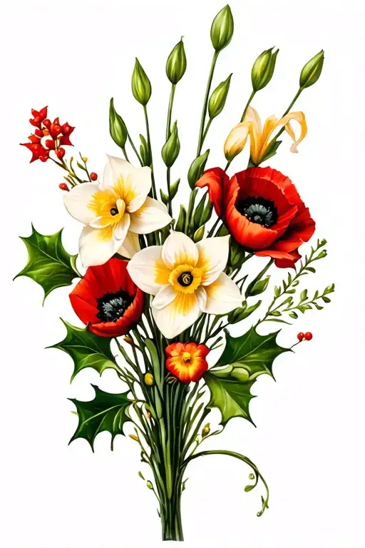 small bouquet of holly, narcissus, gladiolus and poppy flower. Not in a vase or pot.  tattoo design idea