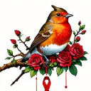 Robin sitting on branch surrounded by a lot of red roses with a cancer ribbon hanging off the end of it tattoo design idea