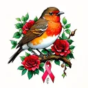 Robin sitting on branch surrounded by a lot of red roses with a cancer ribbon hanging off the end of it tattoo design idea