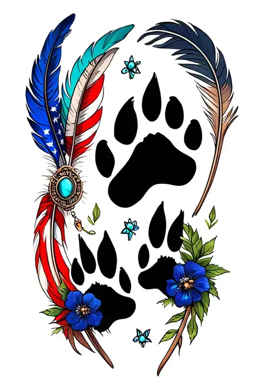 multiple feathers with two dog black paw prints incorporated, american flag,and turquoise western jewelry, flowers tattoo design idea