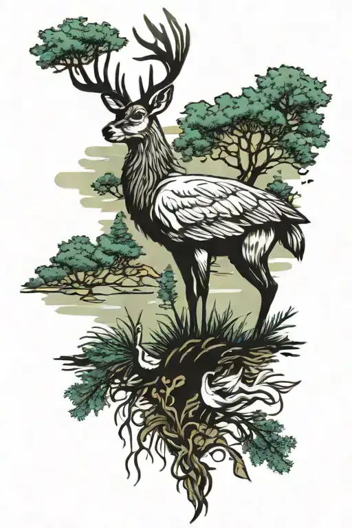 evergreen tree, stag, swan swimming tattoo design idea