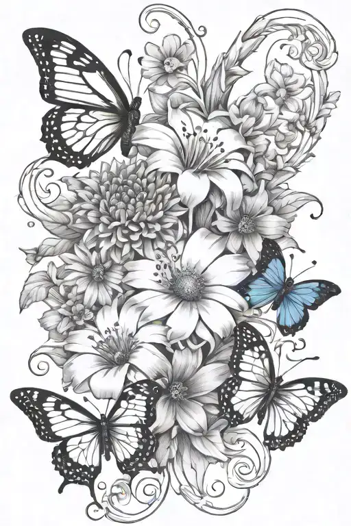 chrysanthemum flower, morning glory flower, forget me not flower, moon and stars, butterfly and trebel cleft  tattoo design idea