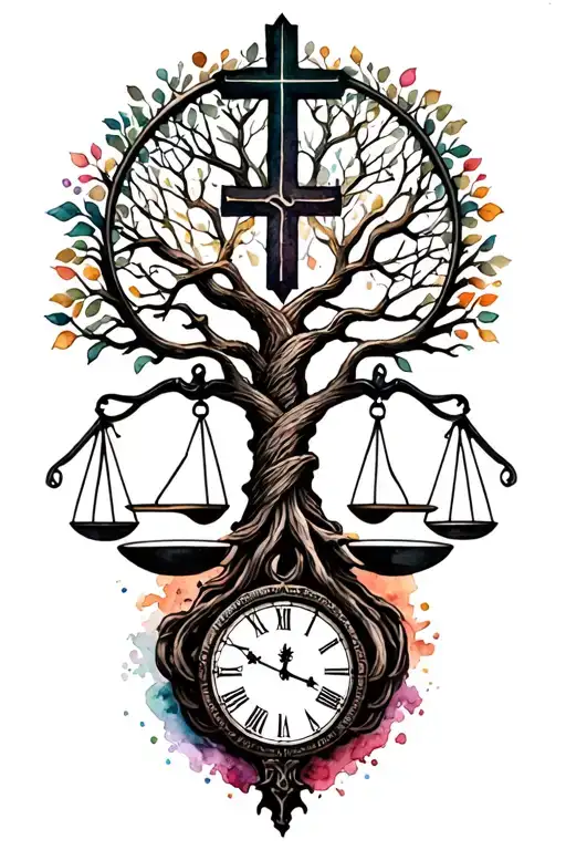 "McCullough  Robbs " "McCullough  Robbs " "McCullough  Robbs "tree of life intertwined with cross, libra scales and a clock  tattoo design idea
