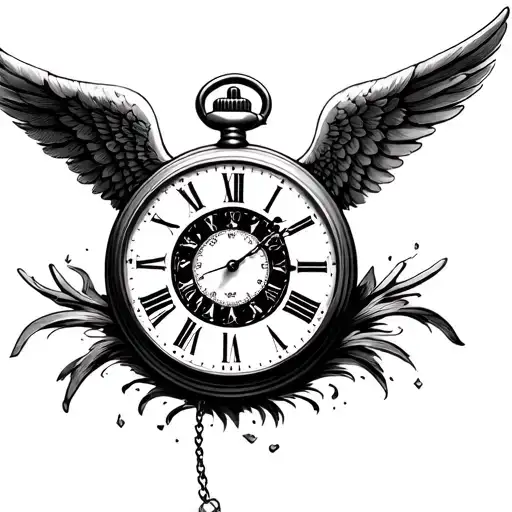 pocket watch, with angel wings, time on quater past 8,  tattoo design idea