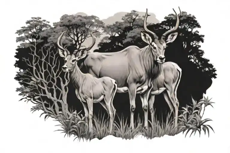 eland with baby calves exploring a lush forest tattoo design idea