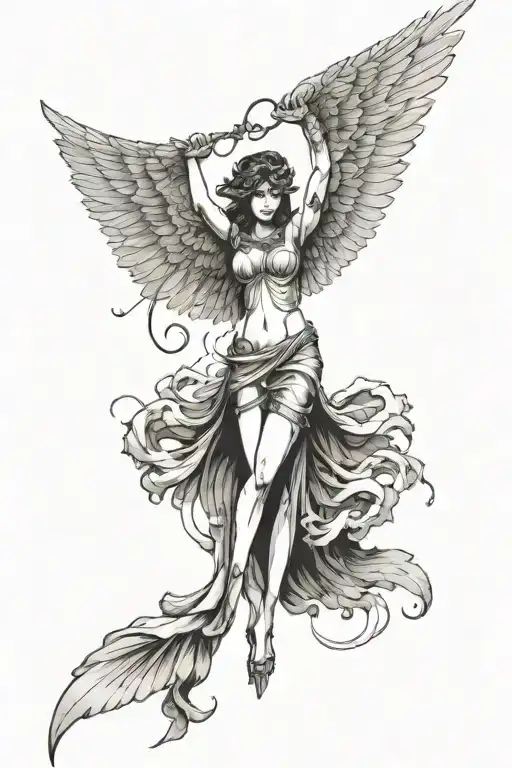 Athena with wings. One wing broken. Looks like she had a fight. Looks directly at you with strong eyes.  tattoo design idea
